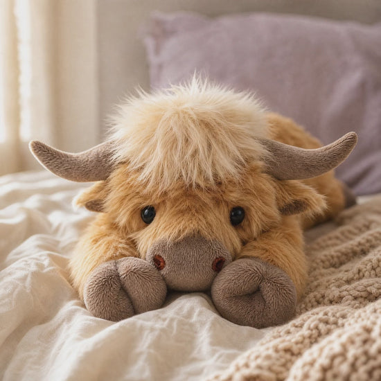 The Snuggl Highland Cow resting on a sunlit bed
