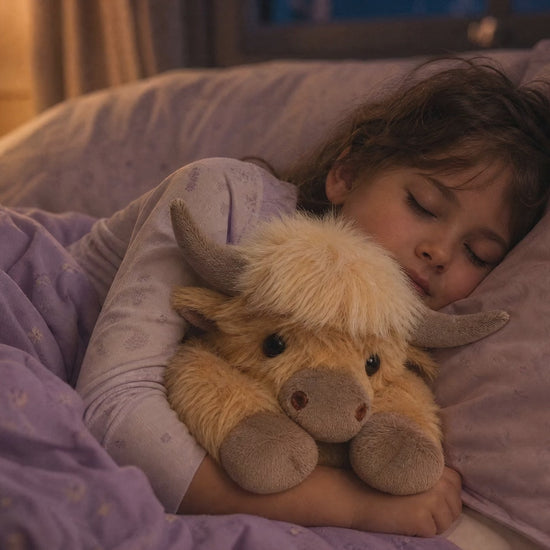 Child asleep cuddling the Snuggl Highland Cow