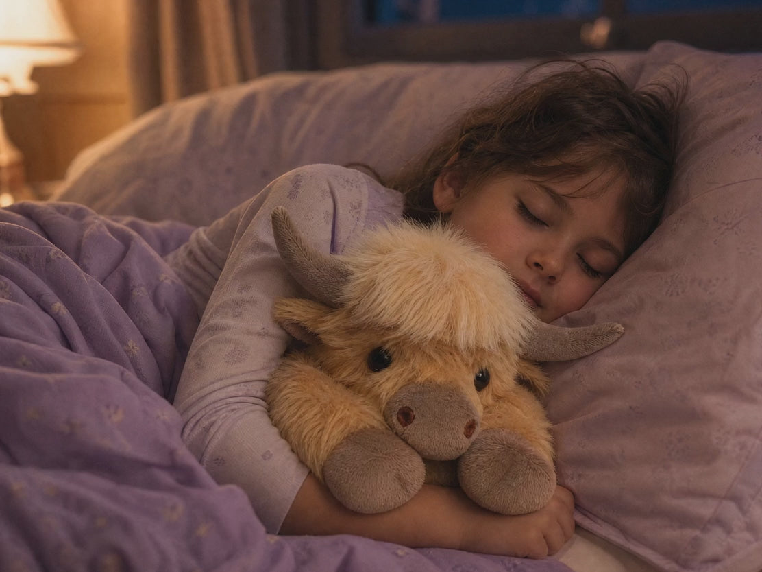 Child asleep cuddling the Snuggl Highland Cow
