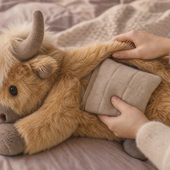 Tucking the warm pack into the Highland Cow belly pocket