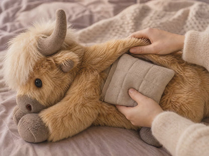 Tucking the warm pack into the Highland Cow belly pocket