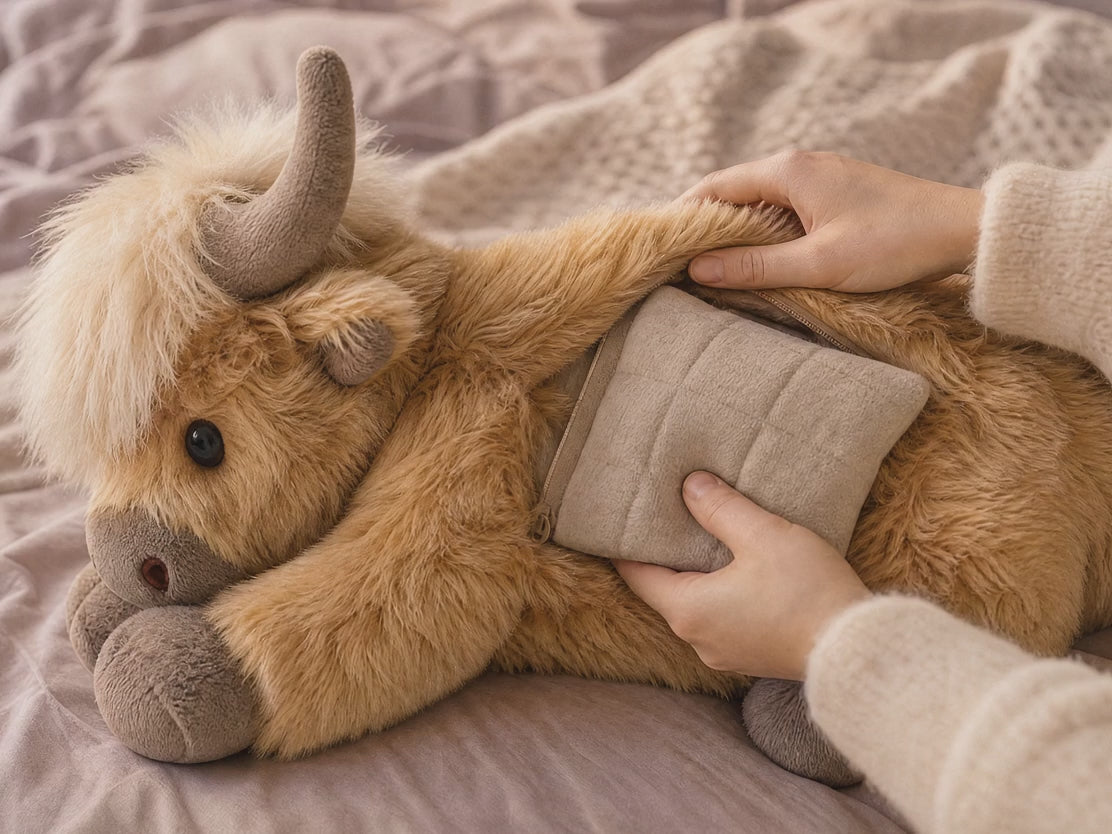 Tucking the warm pack into the Highland Cow belly pocket