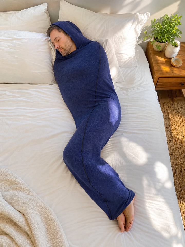 Man asleep on his side in the navy Snuggl Pod in morning light