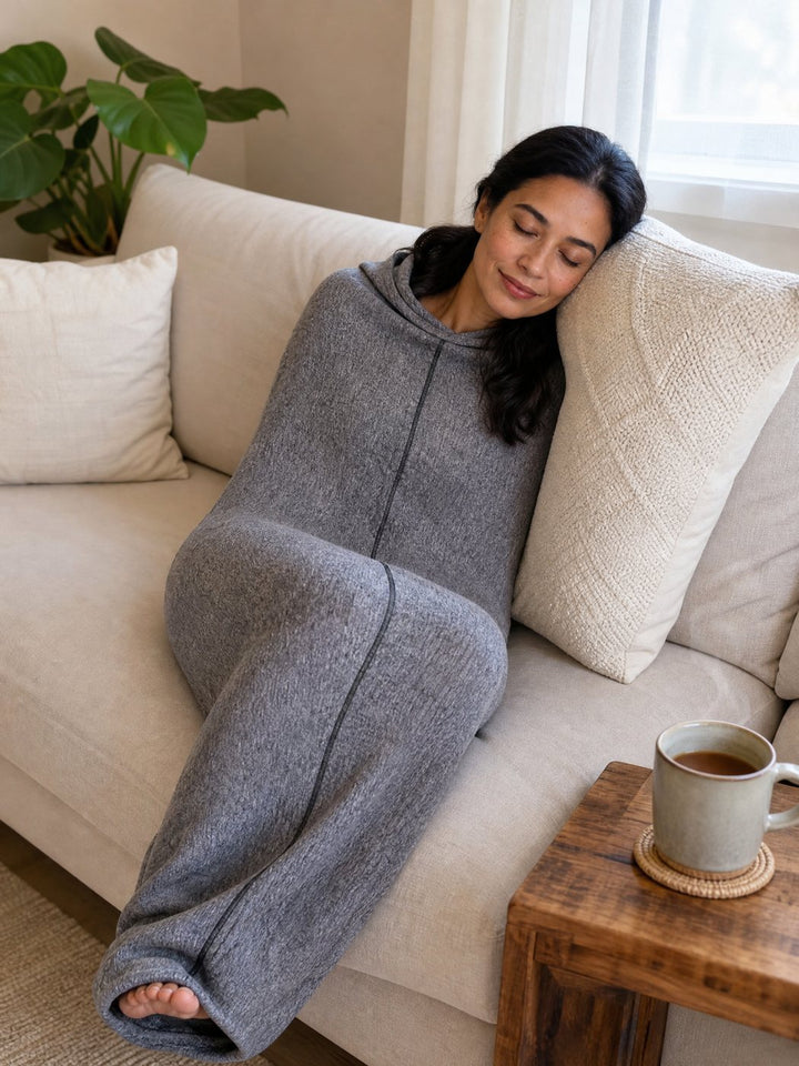 Woman curled up on the sofa in the grey Snuggl Pod with a cup of tea beside her