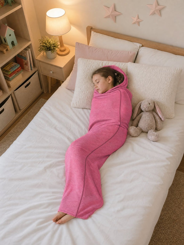 Girl fast asleep in the pink Snuggl Pod with her toy bunny