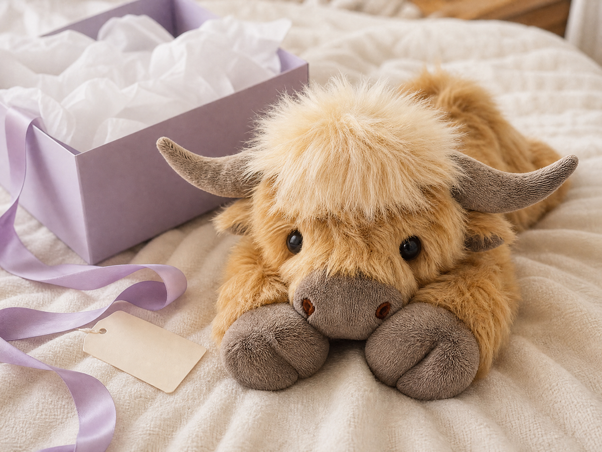 Snuggl Highland Cow beside a lavender gift box