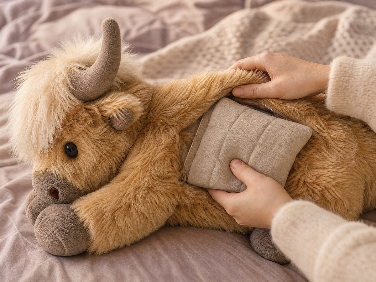 Sliding the warm bead pack into the Highland Cow belly pocket