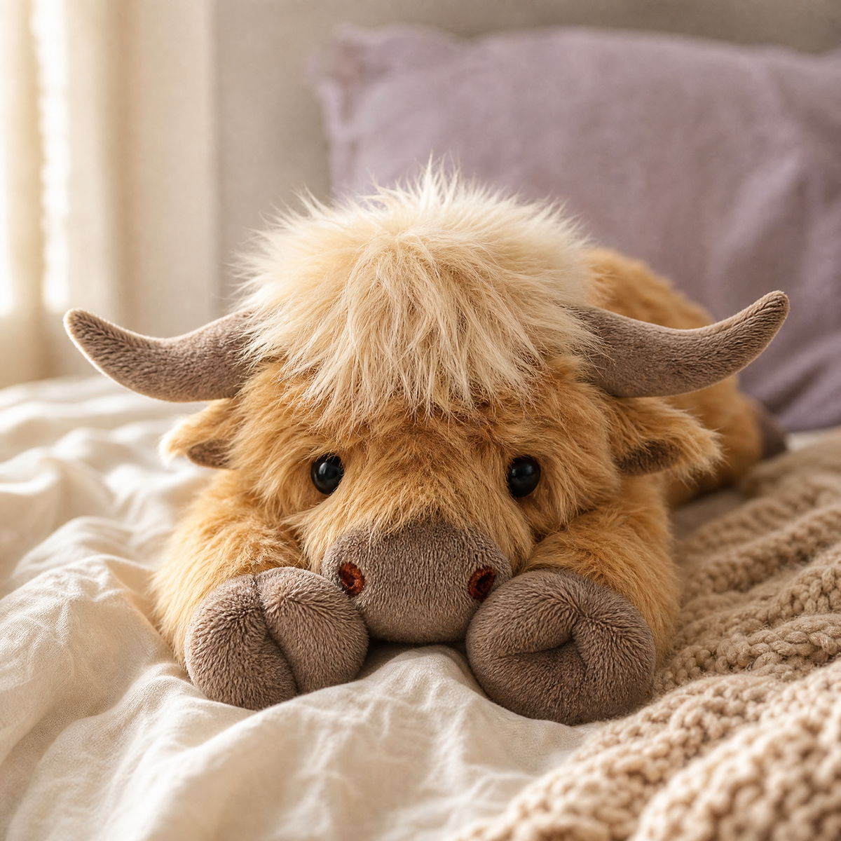 The Snuggl Highland Cow weighted plush lying on a cream bed