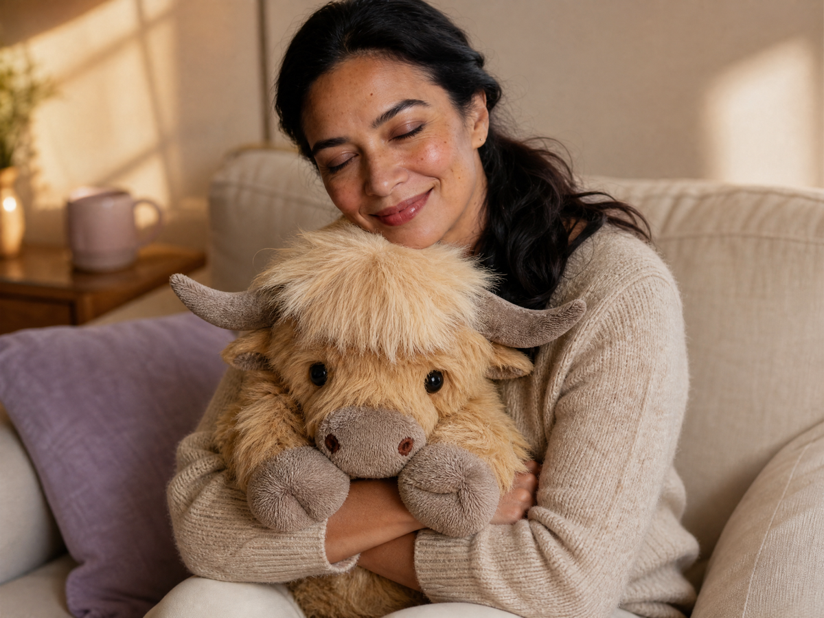 Woman hugging the weighted Snuggl Highland Cow on the couch