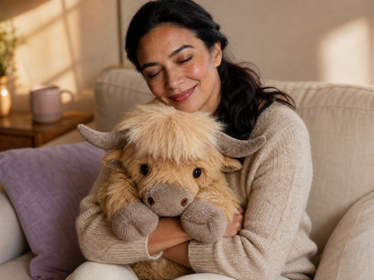 Woman hugging the weighted Snuggl Highland Cow on the couch