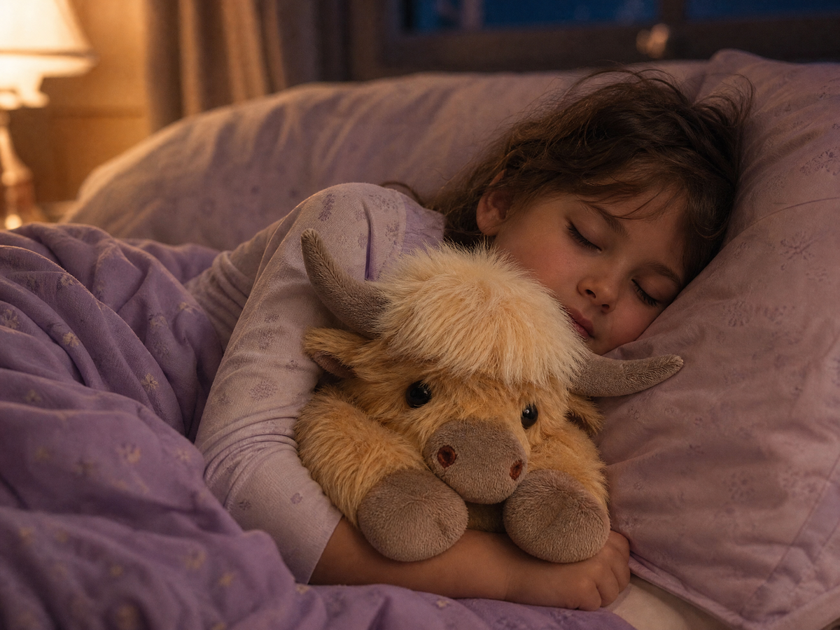 Child asleep hugging the Snuggl Highland Cow