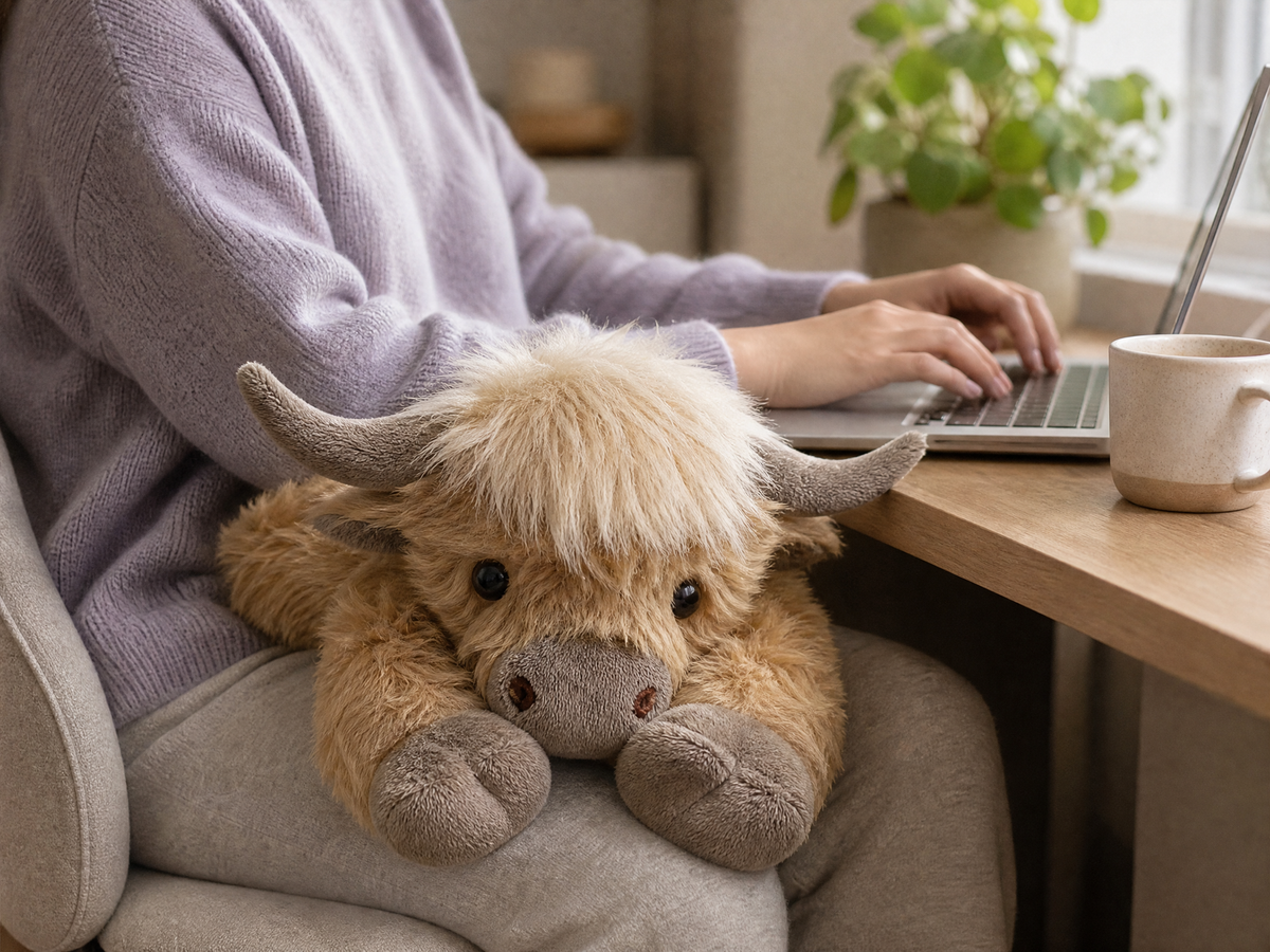 Weighted Highland Cow resting across a lap while working from home