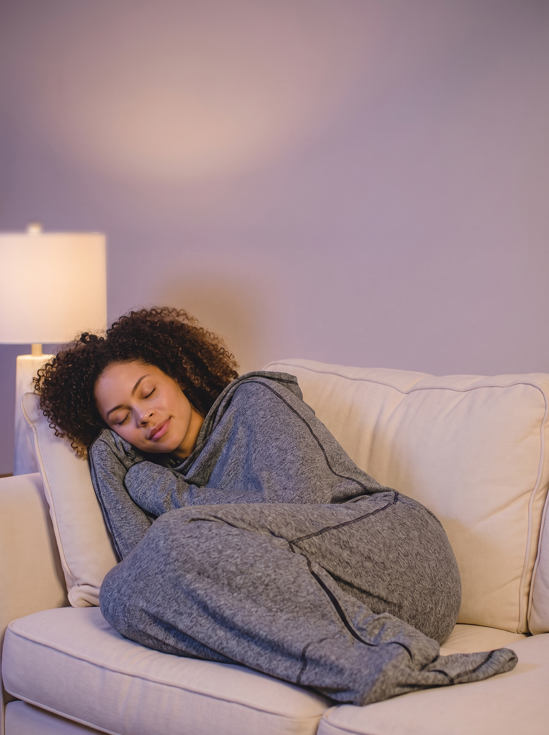 Woman curled up in a gray Snuggl Pod on a sofa, mobile hero