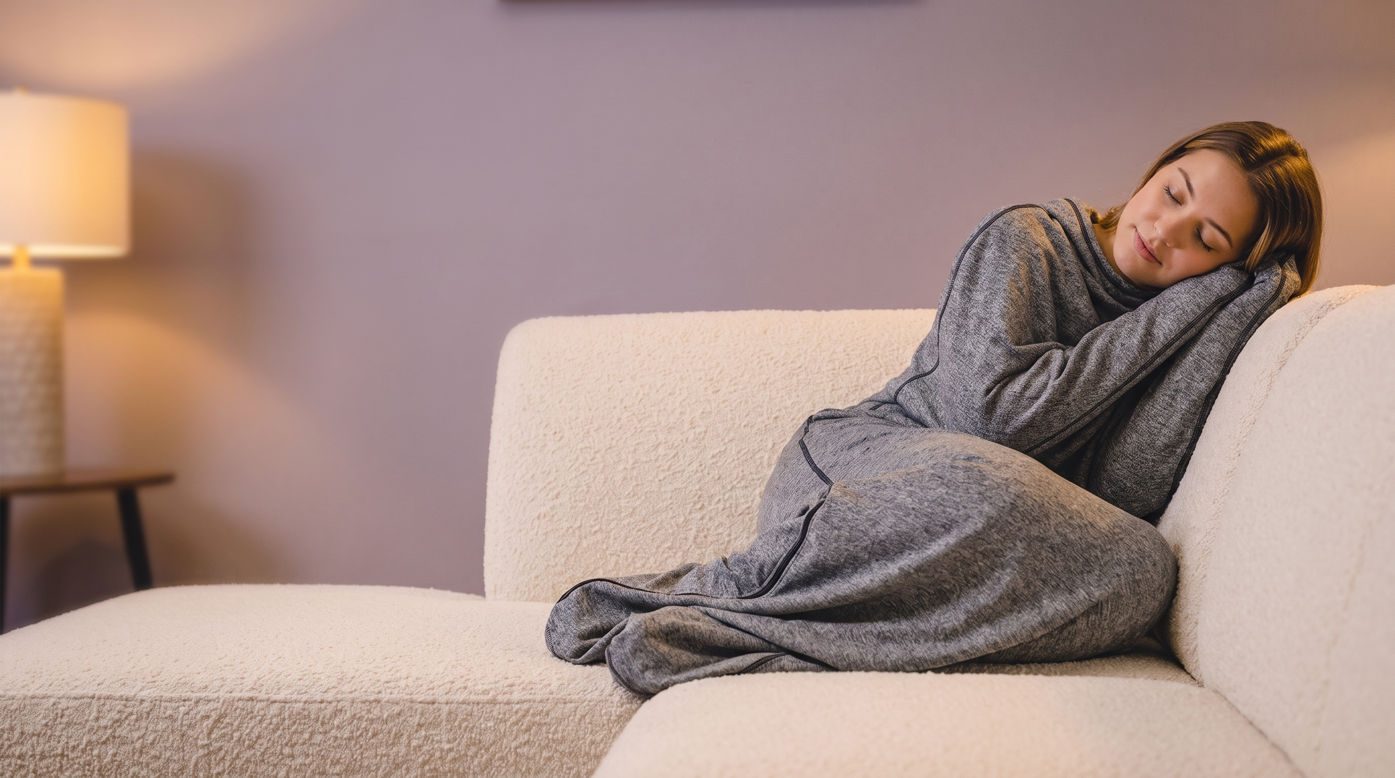 Woman resting in a gray Snuggl Pod on the right of frame with soft lavender wall space on the left