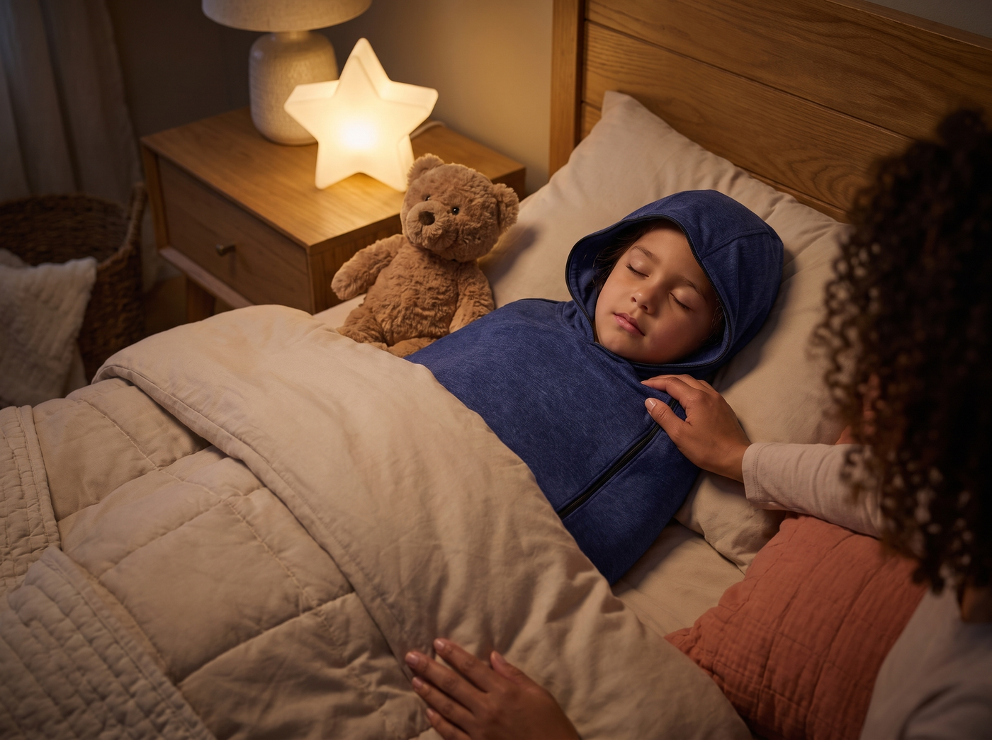 Child sleeping peacefully in a blue Snuggl Pod tucked into bed