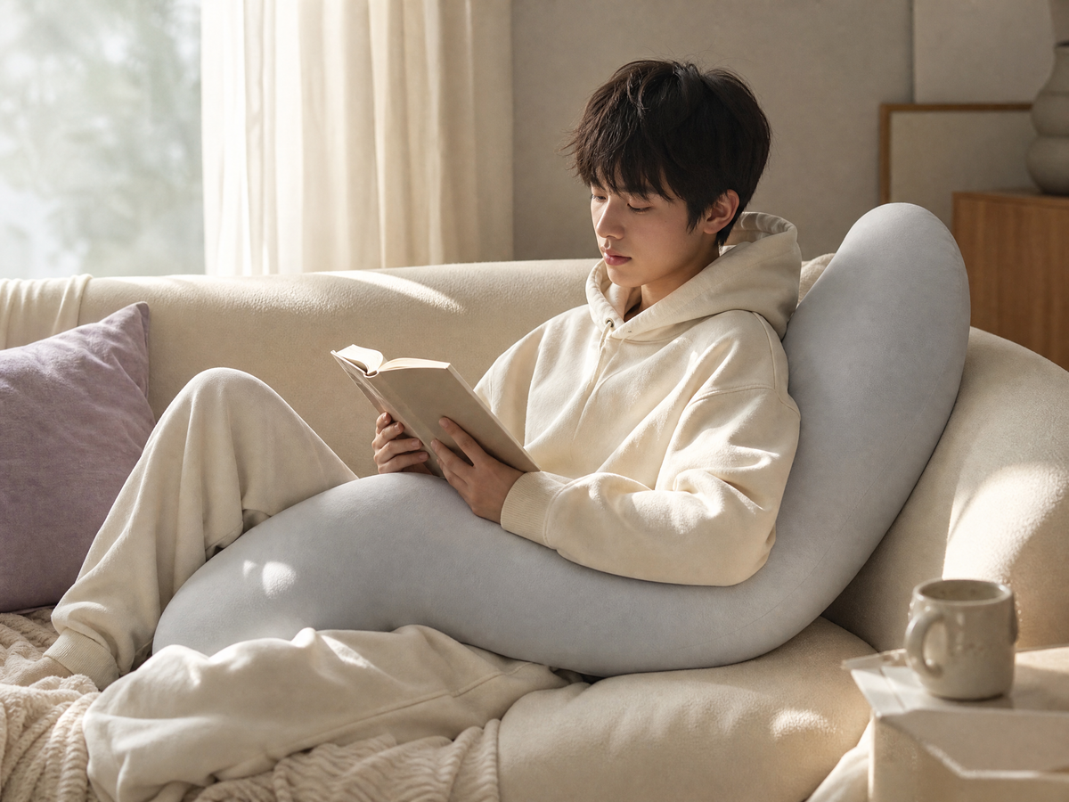 Teen reading on the couch against the curved body pillow