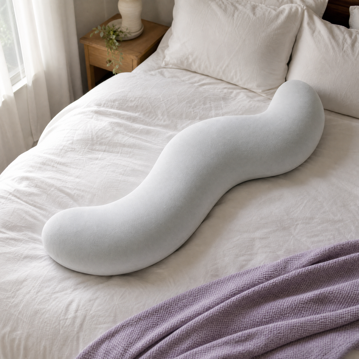 The Snuggl Body Pillow, a double-wave full body pillow on a white bed