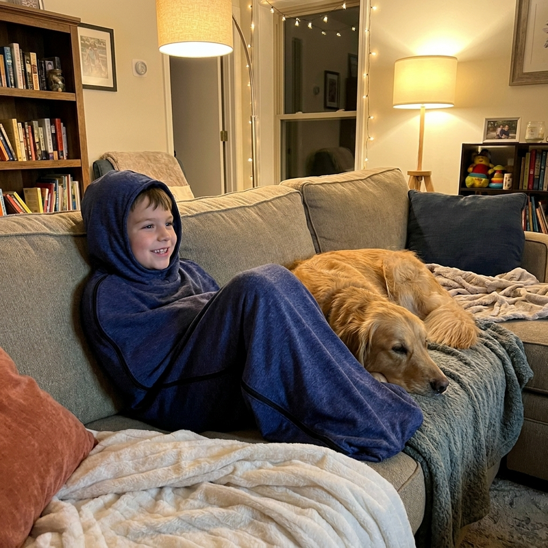 Boy in a blue Snuggl Pod on the couch with a golden retriever