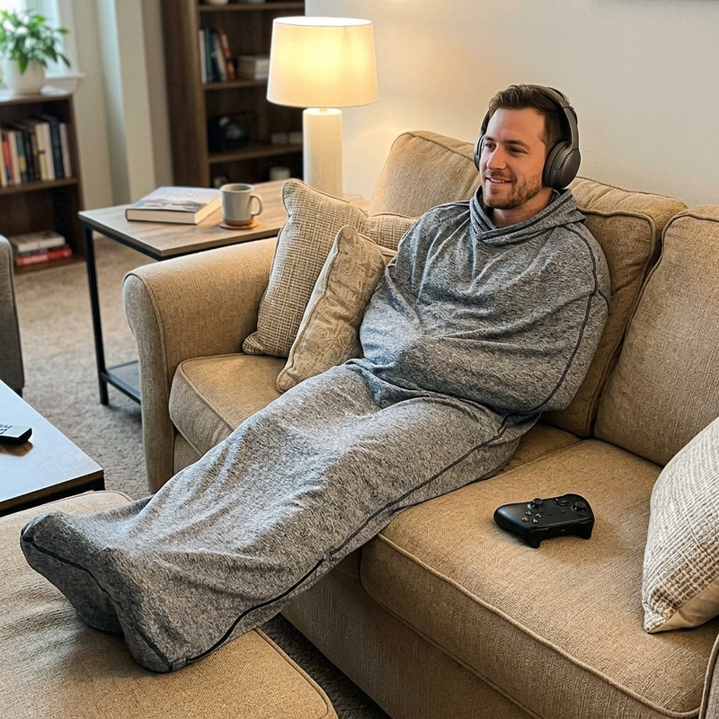 Man with headphones relaxing in a gray Snuggl Pod on the couch