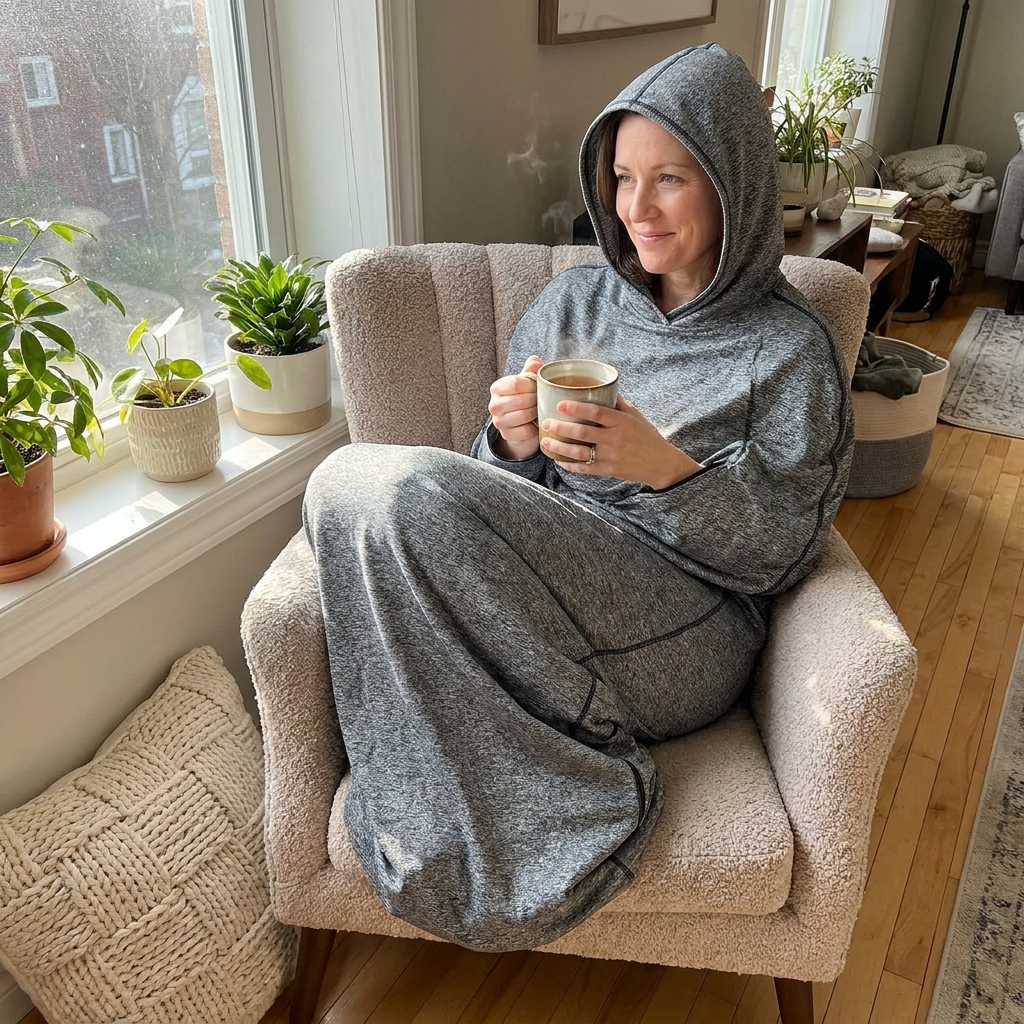 Woman enjoying tea in a gray Snuggl Pod by the window
