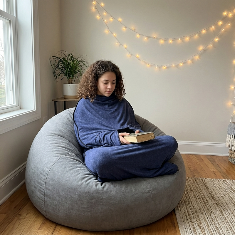 Teen reading a book in a blue Snuggl Pod on a beanbag